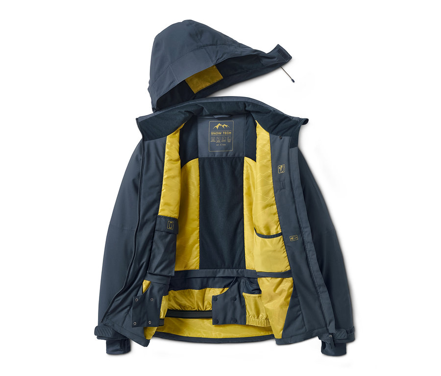 Geöffnete marineblaue High-Tech-Skijacke mit Kapuze und gelbem Futter.