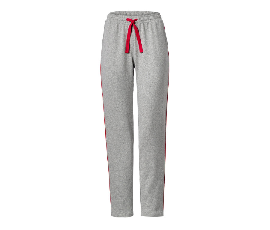 Graue Loungewear-Hose mit rotem Kordelzug und roten Streifen an den Seiten.