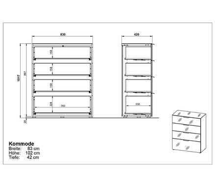 Diagramme einer Kommode, die Abmessungen und Konstruktionsdetails zeigen.
