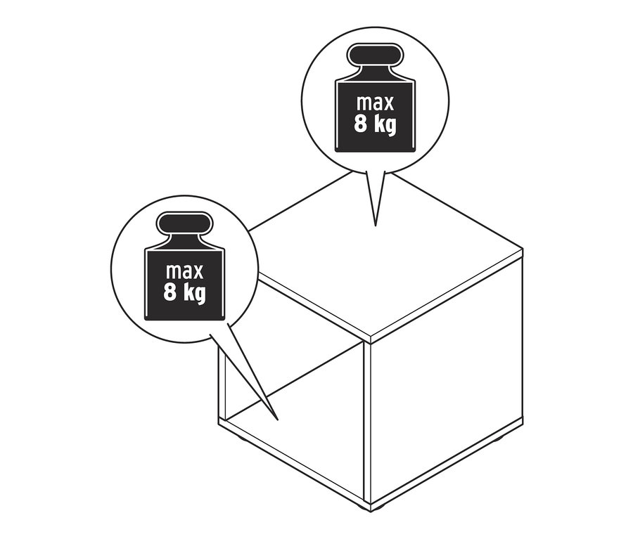 Schwarz-weiße Illustration eines offenen Flemming Regalmoduls mit einer Belastungsgrenze von acht Kilogramm.