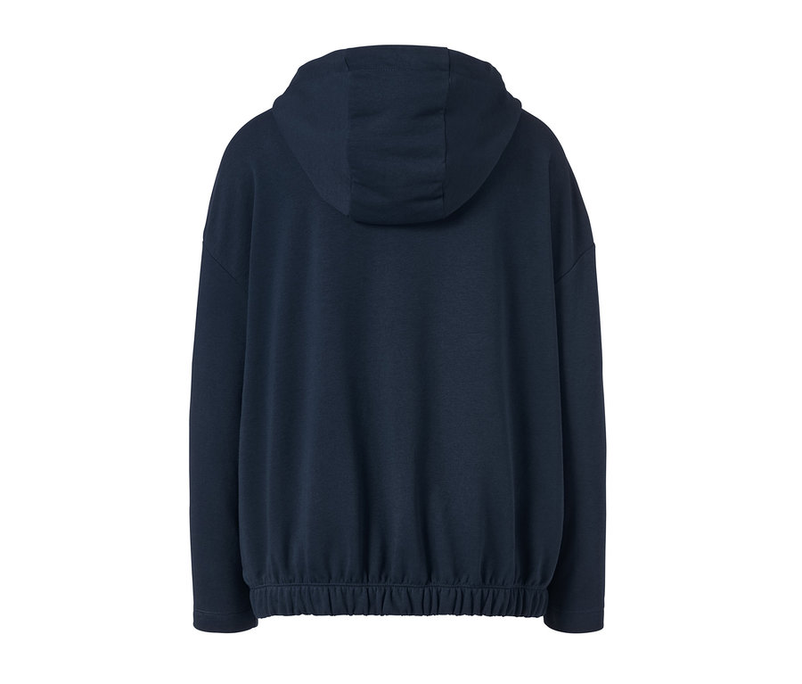 Dunkelblaue Sweatjacke mit Kapuze.