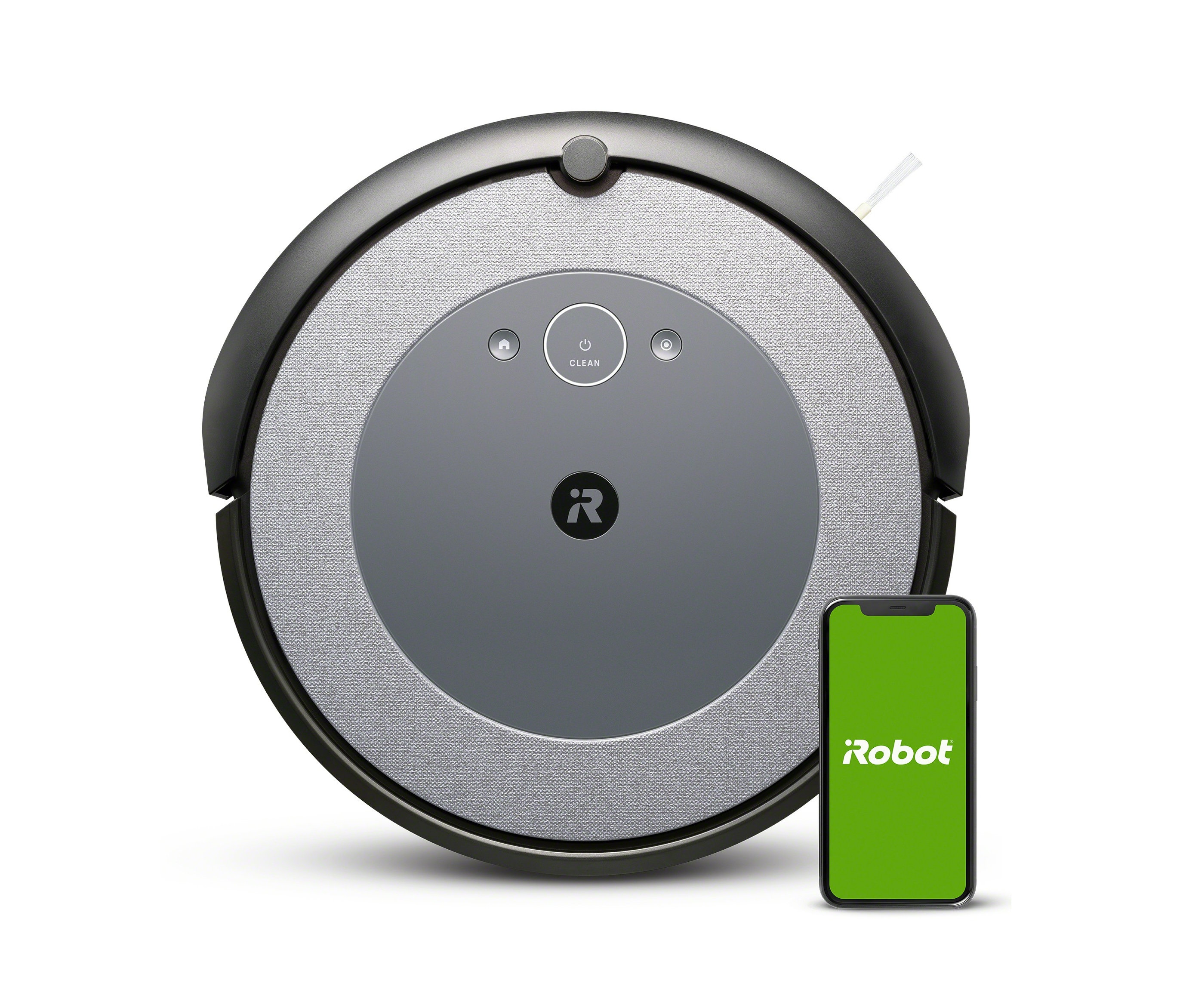 Grauer iRobot Saugroboter »Roomba i3 (i3156)« neben Smartphone mit grünem Bildschirm.