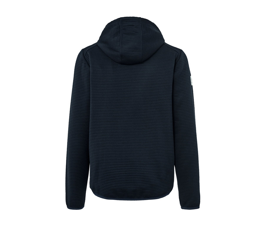 Dunkelblaue melierte Funktionsjacke von hinten.