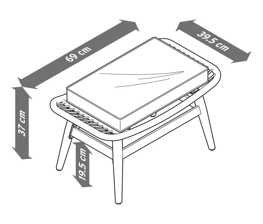 Abmessungen des Schaukelsessels mit Fußhocker.