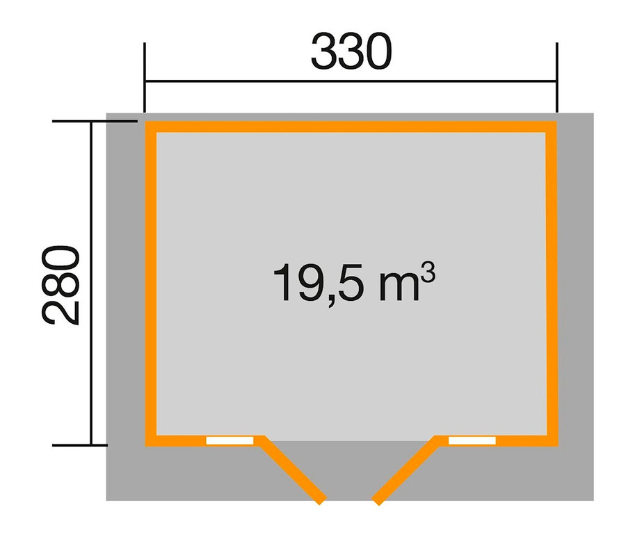 Grundriss des hellgrauen WEKA Gartenhauses, 28 mm (284), mit orangefarbenem Rahmen und Abmessungen.