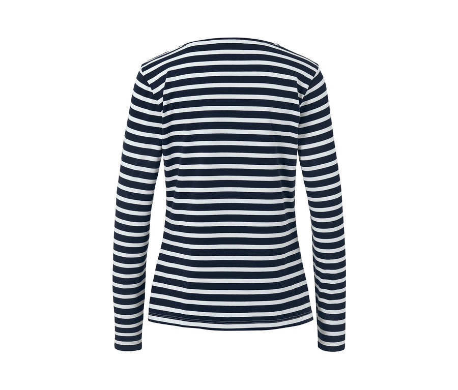 Rückansicht eines dunkelblau-cremeweiß gestreiften Langarmshirts.