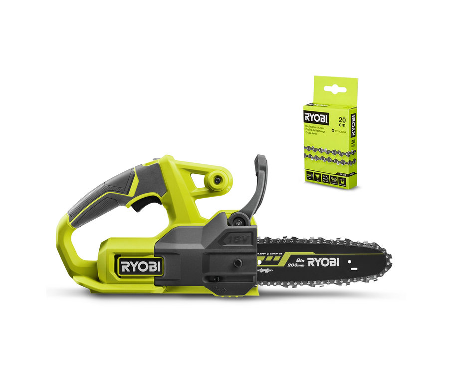 Eine gelb-graue Akku-Kettensäge von RYOBI neben einer Verpackung für eine Ersatzkette. RYOBI 18 V Akku-Kettensäge »RY18CS20A-0« (ohne Akku und Ladegerät)