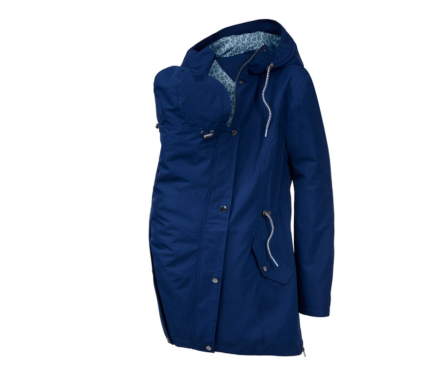 Dunkelblaue Umstands-Regenjacke mit Kapuze und tierisch gemustertem Innenfutter.