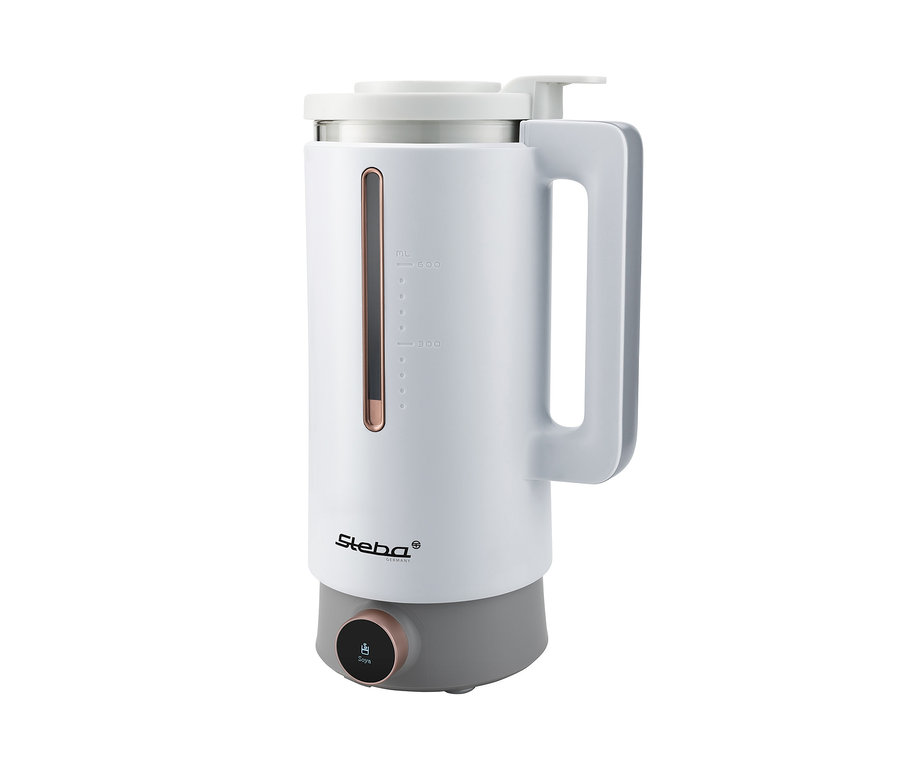 Weißer Steba Vegan-Drink-Maker »VDM 2 HOT & COLD« mit Messbecher und grauem Sockel.