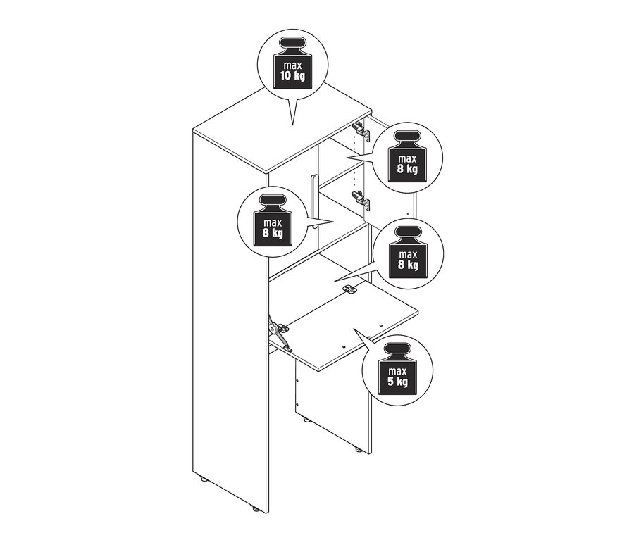 Eine schematische Darstellung eines Waschmaschinenschranks mit ausklappbarer Arbeitsfläche.