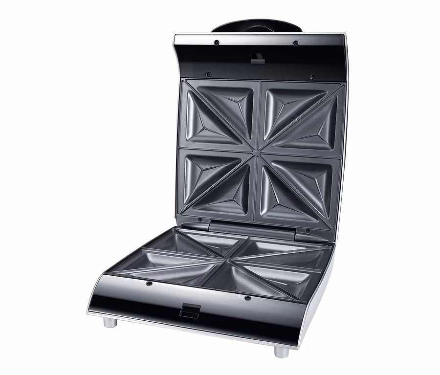 Geöffneter Steba 4er-Sandwich-Maker »SG40« mit Antihaftbeschichtung.