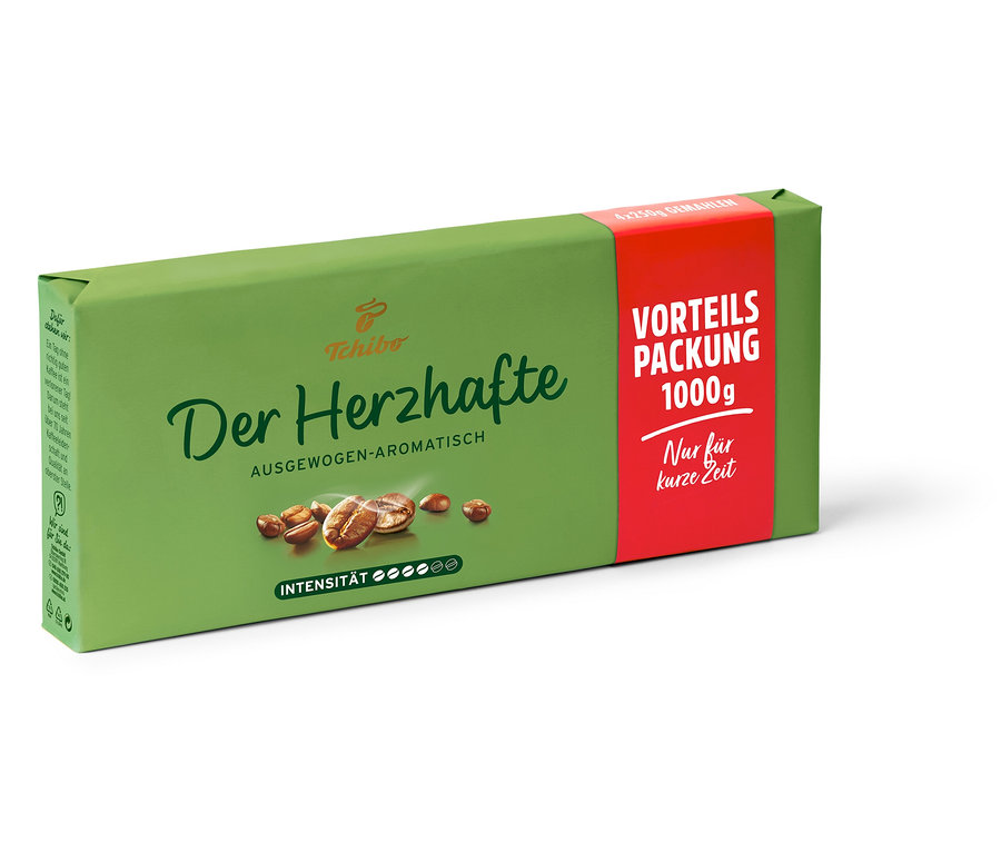 Eine Packung Der Herzhafte - 1 kg gemahlener Kaffee.