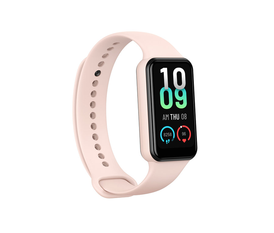 Ein pinkfarbener Amazfit Band 7 Aktivitätstracker zeigt die Zeit 10:09.