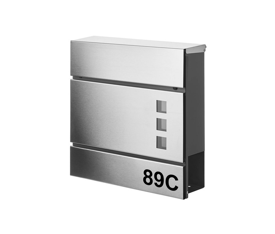 Silberner Briefkasten mit Zeitungsfach und Sichtfenster.