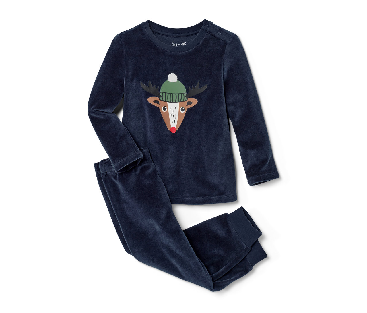 Marineblauer Kleinkind-Nicki-Pyjama mit Rentier-Motiv und Mütze.