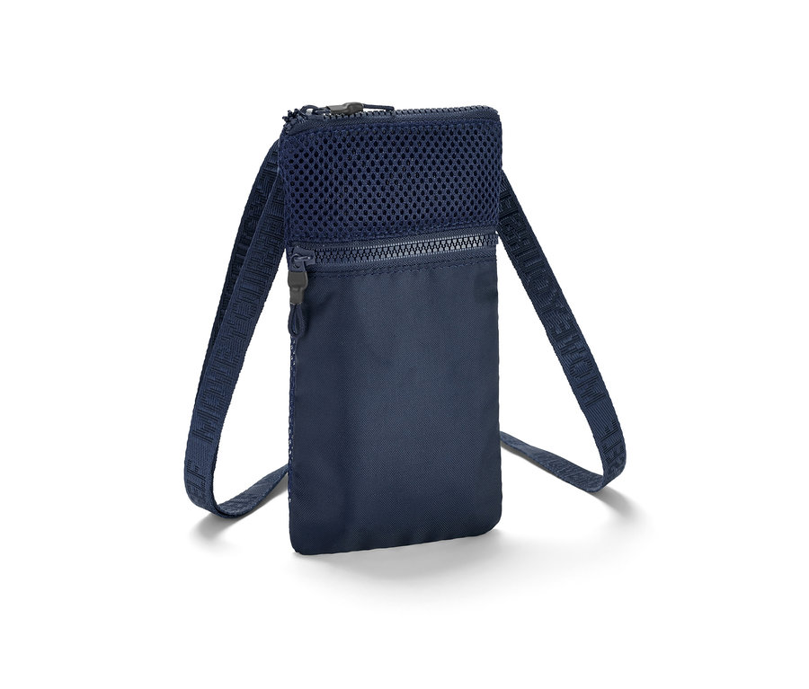 Eine blaue Smartphone-Umhängetasche mit zwei Reißverschlüssen.