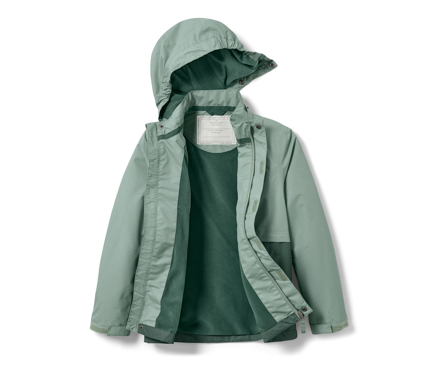 Offene, hellgrüne Kinder-Allwetterjacke mit Kapuze.