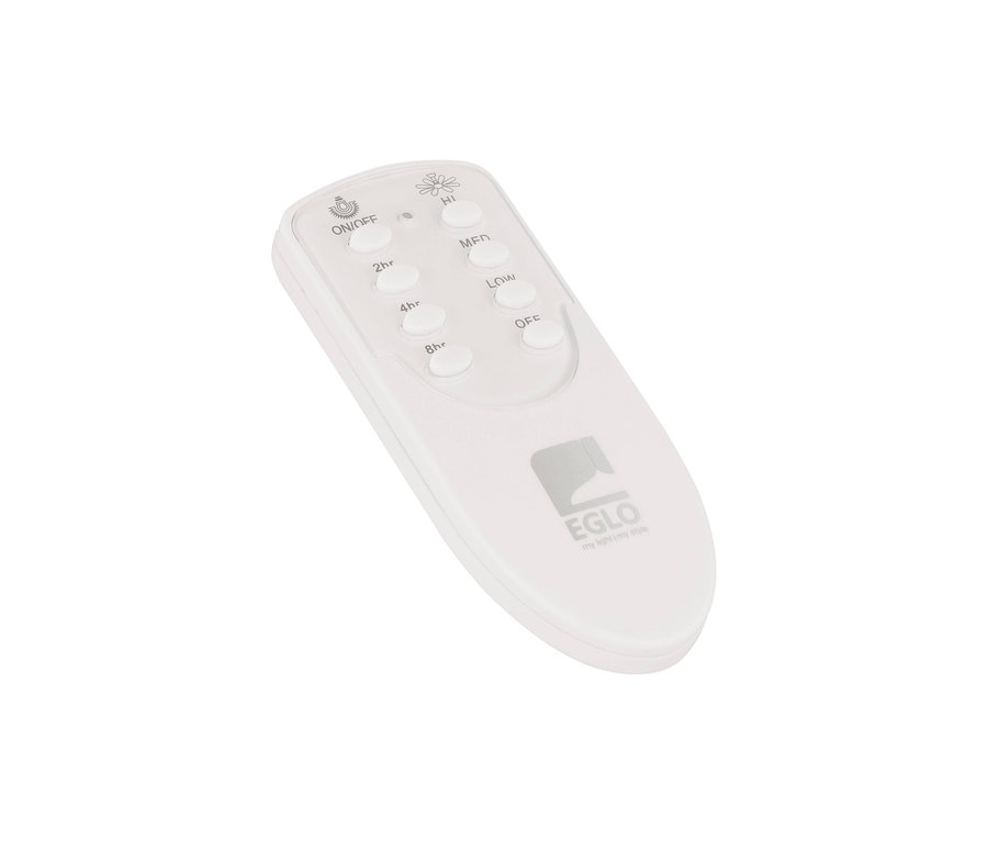 Weiße Fernbedienung für Eglo Deckenventilator mit Beleuchtung »Varadero«. Oben befinden sich Tasten für Ein/Aus, Geschwindigkeit und Timer.