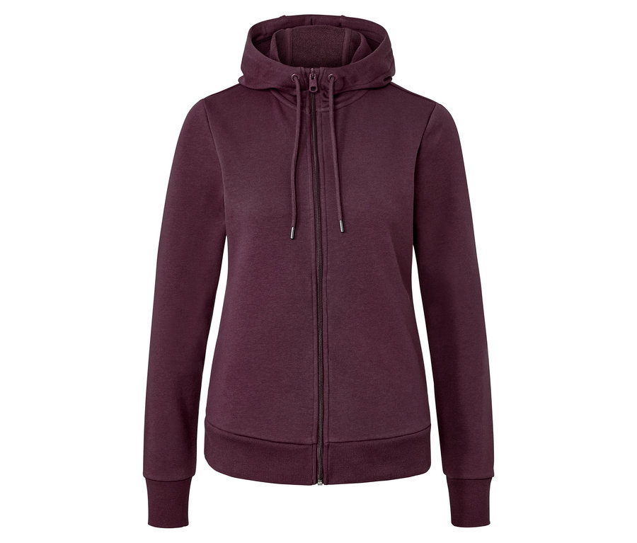 Violette Sweatjacke mit Kapuze und Reißverschluss.