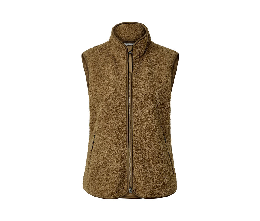 Eine braune Teddy-Weste mit Reißverschluss in der Mitte.