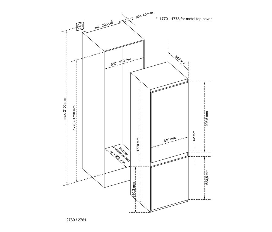 Technische Zeichnung einer Respekta Kühl-Gefrierkombination »GKE178N«, E (von A bis G) mit Maßangaben.