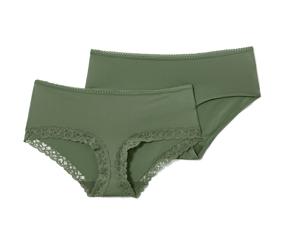 Zwei olivgrüne Pantys, eine davon mit Spitze.