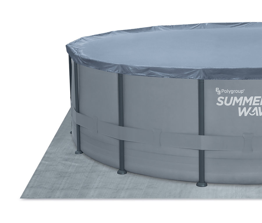 Detailansicht eines grauen Summer Waves Elite-Frame-Pools, Ø ca. 488 cm, der mit einer grauen Plane abgedeckt ist.
