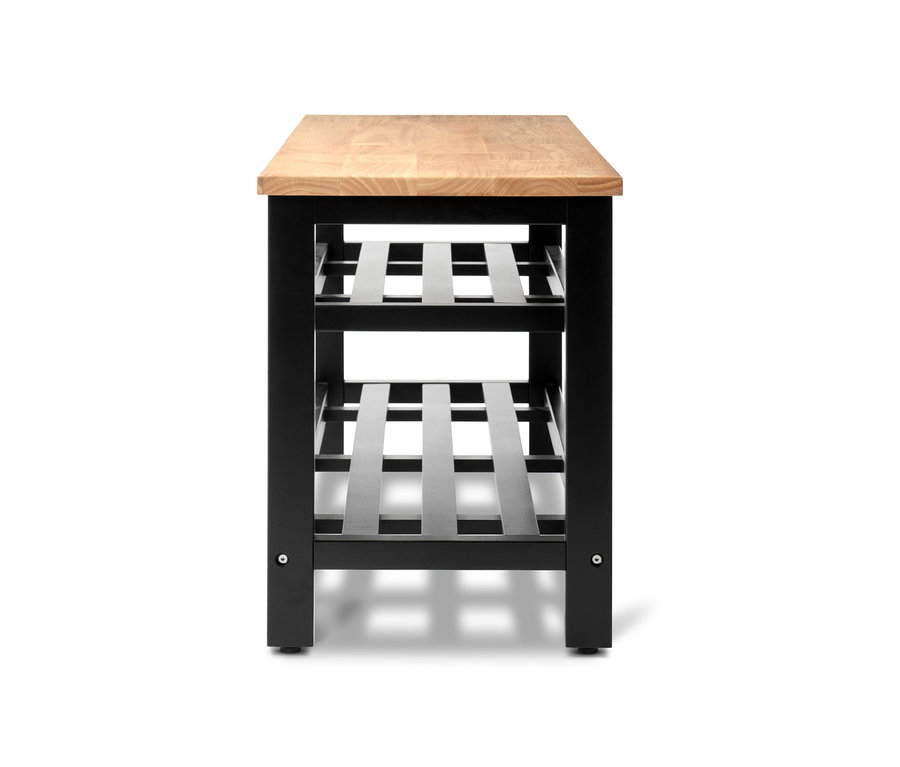 Schwarzer Tisch mit Holzplatte und zwei offenen Regalen.