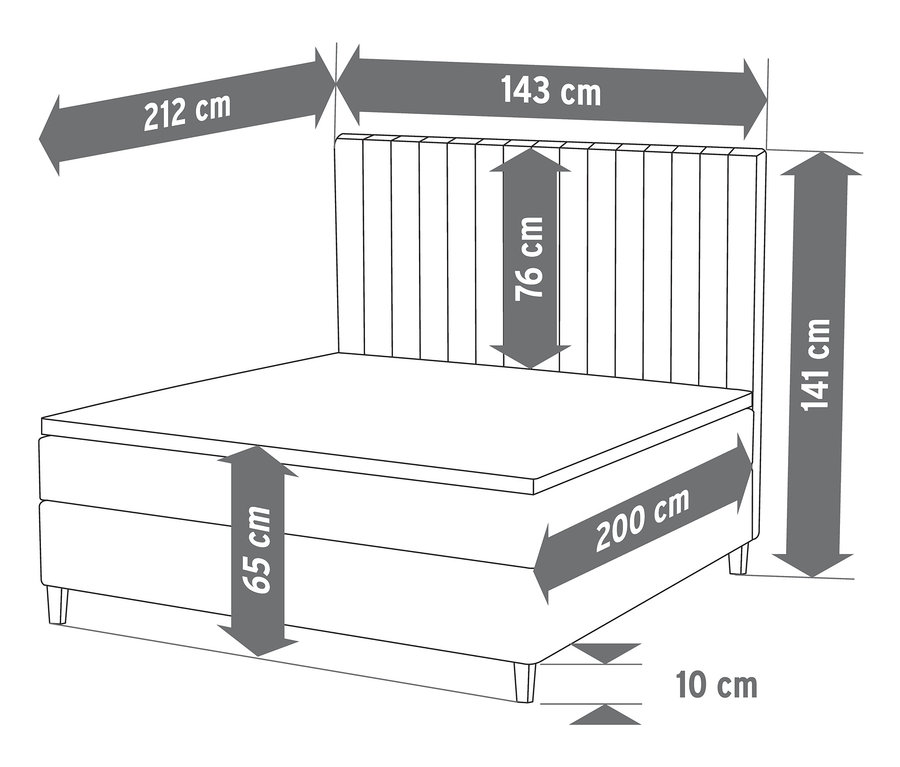 Abbildung eines Boxspringbetts, 140 x 200 cm, mit einer Höhe von 65 cm, einer Kopfteilhöhe von 76 cm und einer Gesamthöhe von 141 cm.