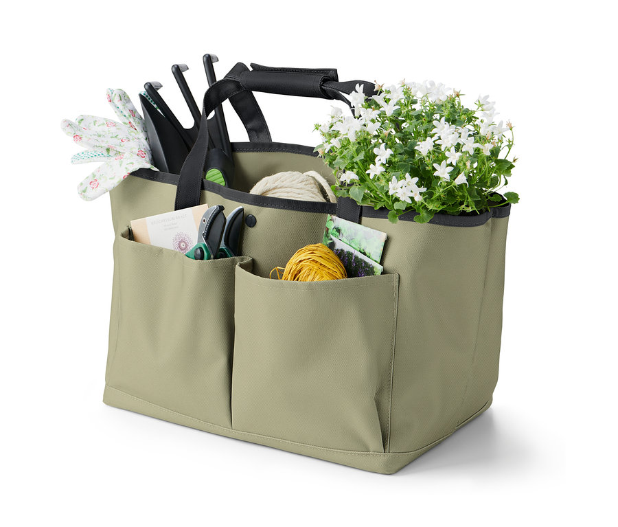 Gartentasche mit Werkzeugen, Handschuhen, Schnur und Blume.