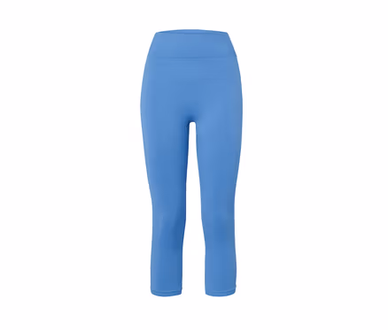 Eine blaue 3/4-Seamless-Sporttight auf weißem Hintergrund.