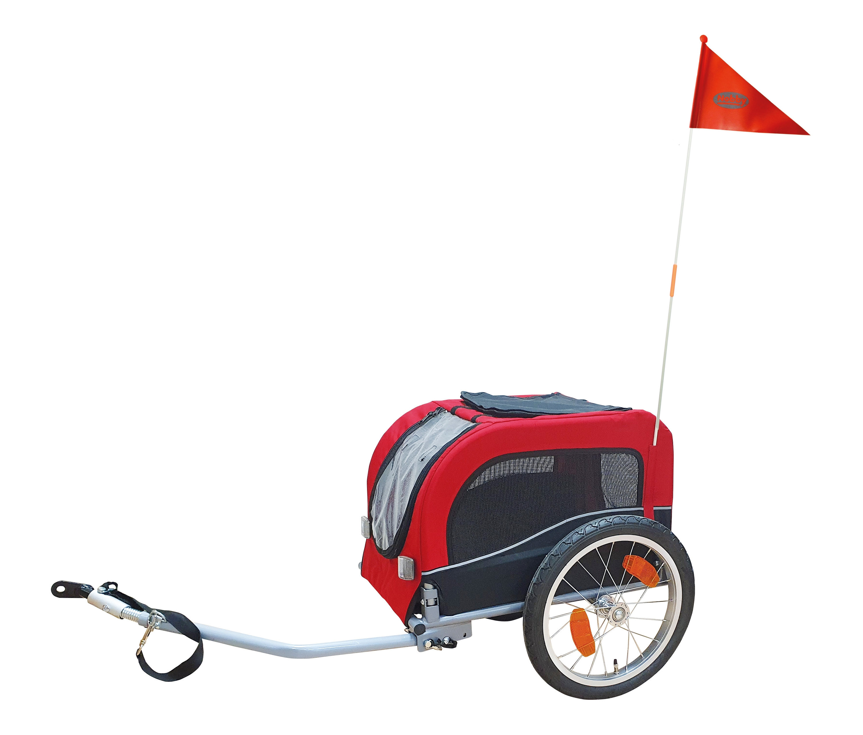 Roter und schwarzer Hunde-Fahrradanhänger »SENLIMA«, Gr. S mit oranger Flagge.