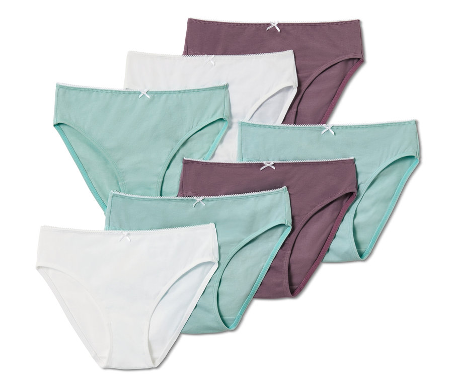 Ein 7er Pack Kinder-Slips in Weiß, Mauve und Hellblau.