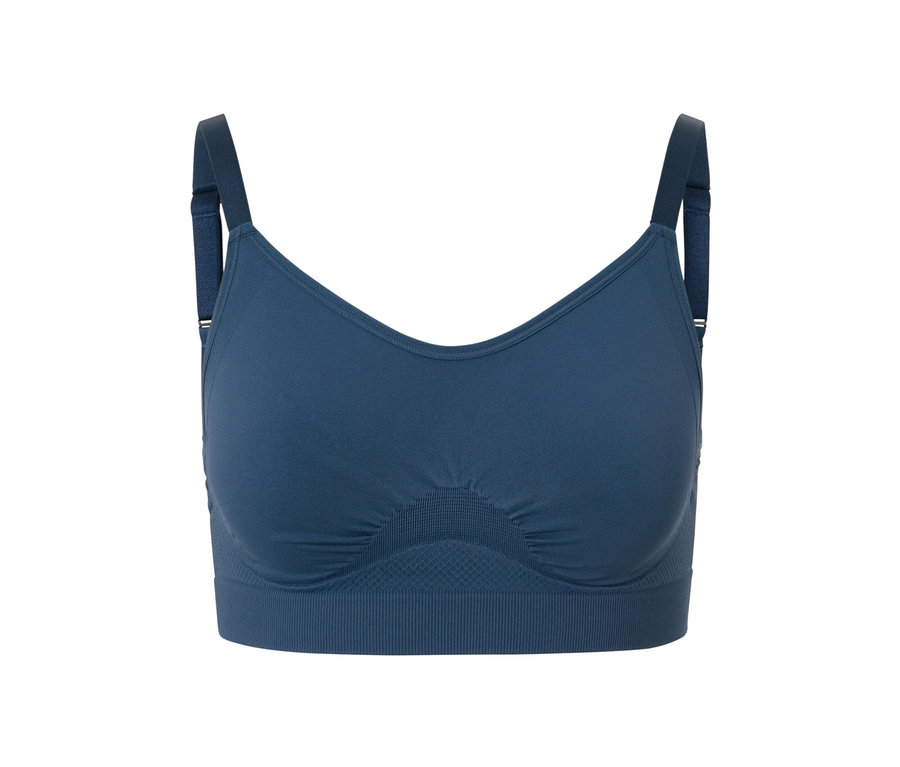 Detailansicht eines blauen Seamless-Sport-BHs aus einem 2er-Set.