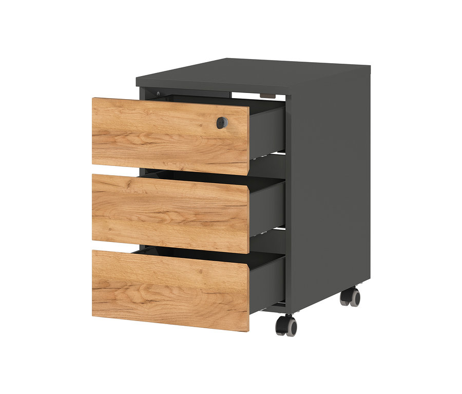 Grauer Rollcontainer »Lissabon« mit drei Schubladen, die oberste Schublade ist geöffnet.