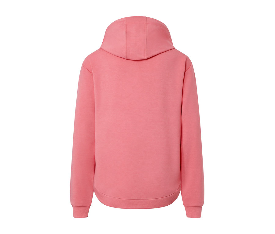 Rückansicht eines rosafarbenen Kapuzen-Sweatpullovers.