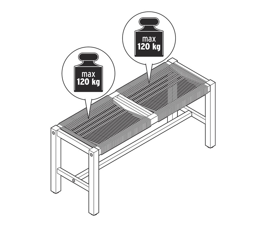 Illustration einer Bank »Lenja« mit Textilgeflecht, maximale Belastung 120 kg.