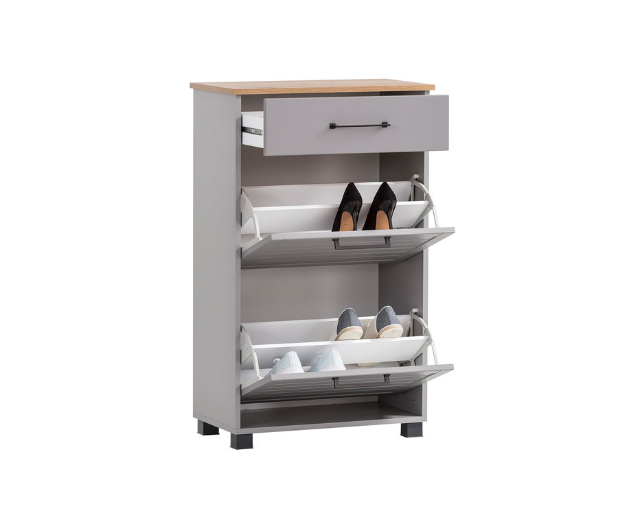 Schuhschrank »Jelda«, platin/eiche, mit offener Schublade und drei Kippfächern mit Schuhen.