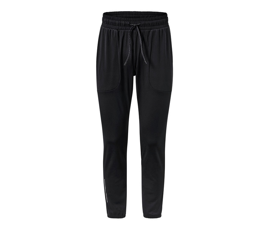 Eine schwarze Thermo-Funktionshose mit Taschen und Kordelzug in der Taille.
