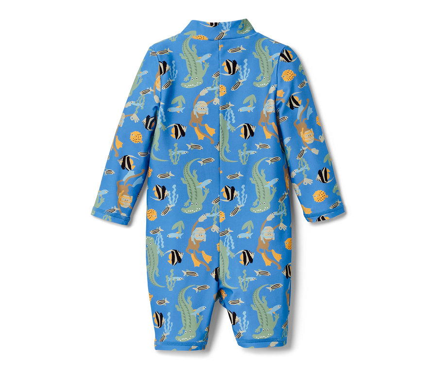 Blauer Baby-Einteiler mit UV-Schutzfaktor 80, mit Krokodilen, Fischen und Tauchern.