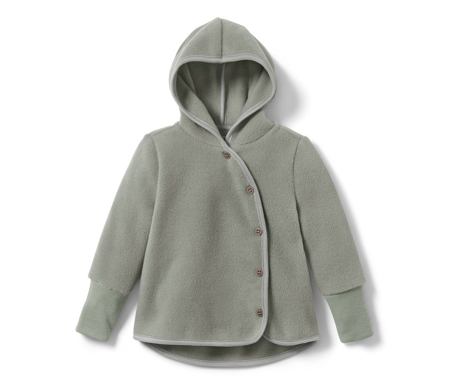 Baby- Kleinkind-Fleecejacke in Grün mit Kapuze und braunen Knöpfen.