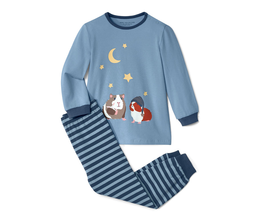 Blauer Kleinkind-Pyjama mit Meerschweinchen-, Mond- und Sternenmuster.