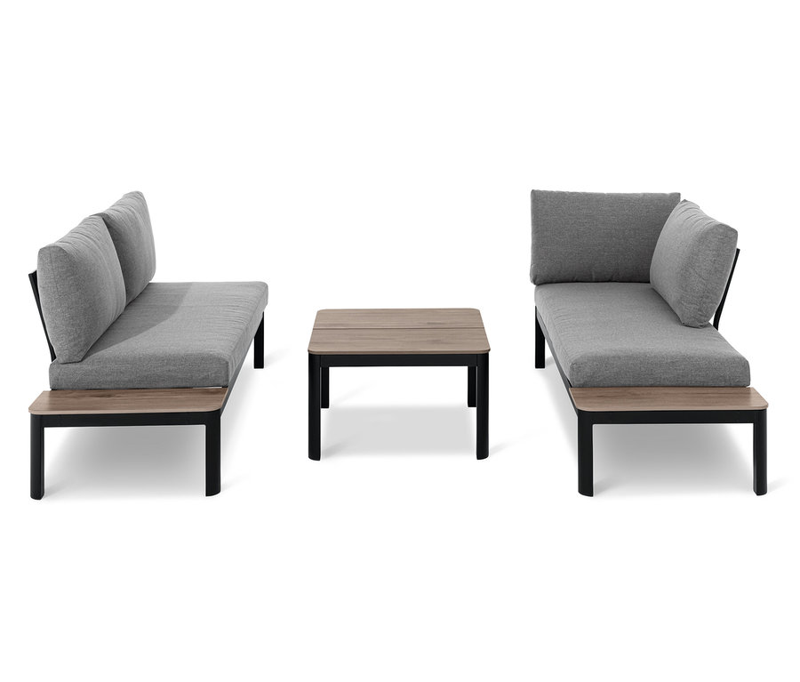 Zwei Teile einer flexiblen Lounge-Ecke mit grauen Kissen und Duraboard®-Tischplatten und ein Tisch mit Duraboard®-Tischplatte auf weißem Hintergrund.