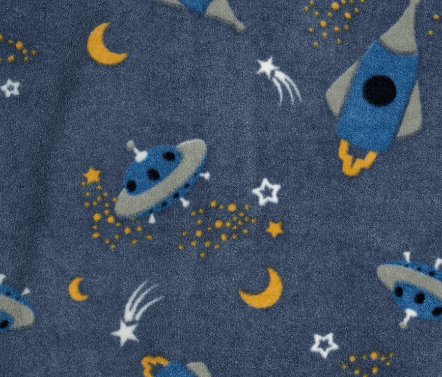 Blauer Stoff mit Aufdruck von Raketen, Ufos, Monden, Sternen und Kometen. Kinder-Fleecejacke, Outerspace.