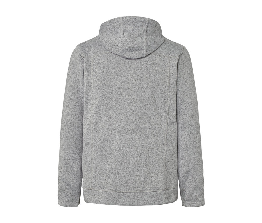 Rückansicht einer Strickfleece-Jacke mit Kapuze.