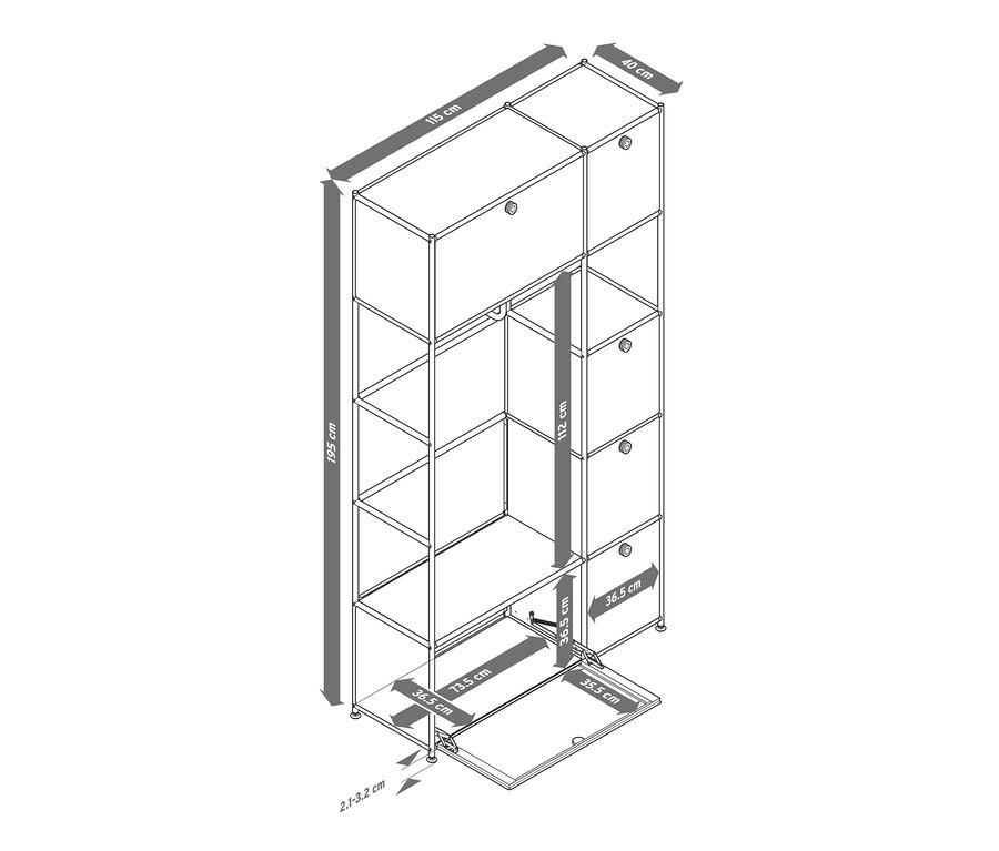 Abmessungen des Systemschranks Metall »CN3«: 195 cm hoch, 115 cm breit und 40 cm tief.