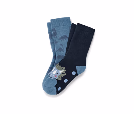 Zwei Paar Kinder-Antirutsch-Socken, ein Paar blau mit Dinosauriern, ein Paar dunkelblau mit Dinosaurier-Motiv.