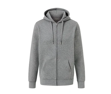 Graue Kapuzenjacke mit Reißverschluss und Taschen.