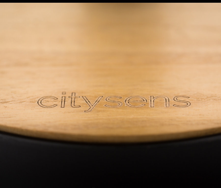 Detailaufnahme der Oberseite eines schwarzen, selbstbewässernden Pflanzenregals mit der Gravur citysens.