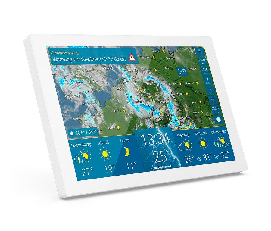 Weißes WLAN-Wetter Display Home 3 mit Wetterkarte, Gewitterwarnung und Temperaturanzeige.